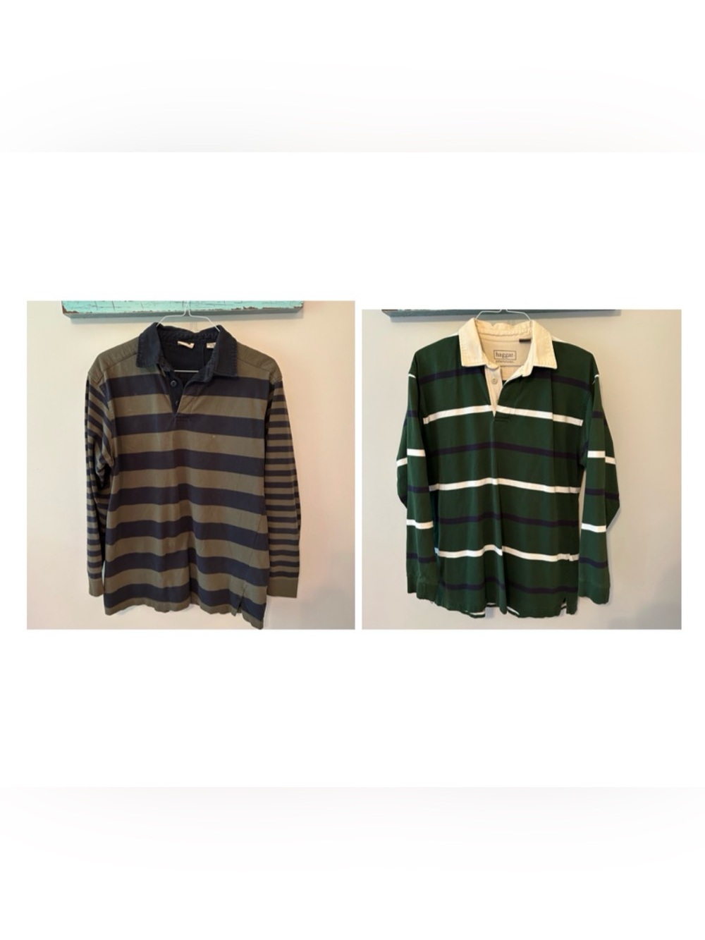 TWO Hagar Green w/ White & Navy Stripes AND Olive and Navy striped rugby shirts.